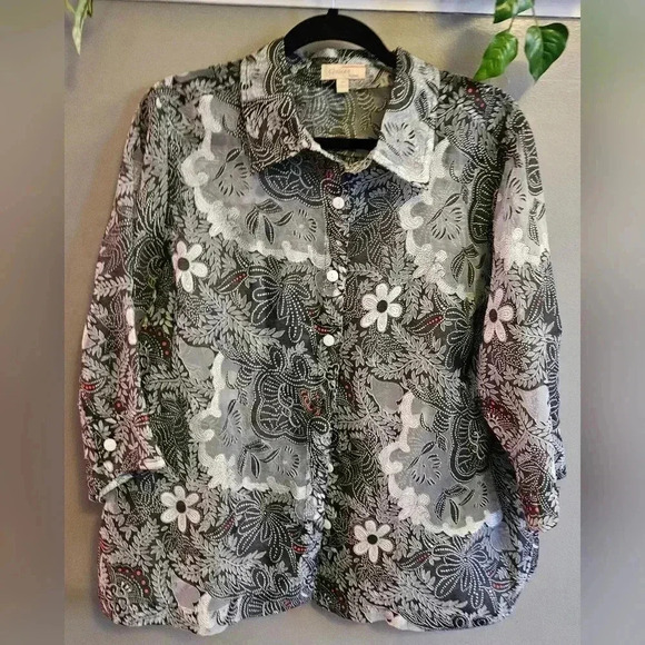 Choices Woman Floral Print Button Down Sheer Blouse (1X) - Picture 1 of 7
